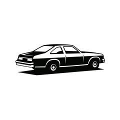 Obraz premium Vintage classic coupe car vector illustration, retro compact sedan silhouette, black and white automotive graphic for garage t-shirt and poster design