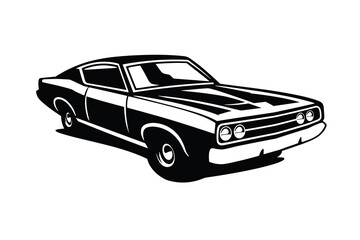 Obraz premium Vintage muscle car vector illustration, classic retro American coupe perspective view silhouette, black and white automotive graphic for garage t-shirt and poster design