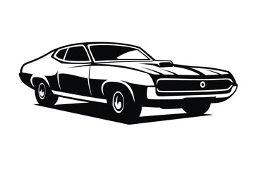 Obraz premium Vintage muscle car vector illustration, classic retro American sports coupe silhouette, black and white automotive graphic for garage t-shirt and poster design