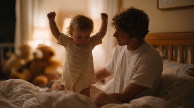 Father sits on the edge of a toddler bed at midnight, patting the mattress rhythmically, the child standing on the pillow with arms raised, a nightlight casting a low amber halo, stuffed animals pil