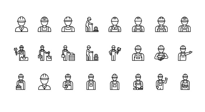 Collection of diverse construction workers icons in a uniform line art style, representing various professions and tools