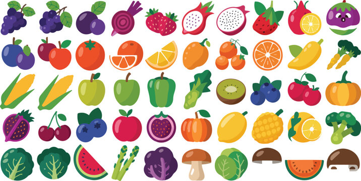 Large mega set of juicy cartoon fruits and vegetables healthy food concept bright colorful flat vector illustration collection