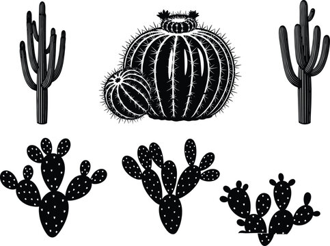 A collection of black cactus silhouettes including saguaro, prickly pear, and barrel cactus varieties for desert theme botanical line art and commercial vector design projects.