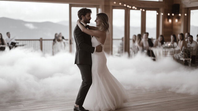 Newlyweds glide across a hardwood ballroom floor during first dance, spotlight cutting through early morning mist rolling from terrace doors, string quartet visible behind gauze curtains, guests lea