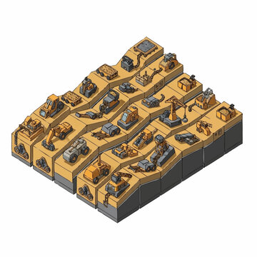 Collection of isometric construction vehicles displayed on tiered platforms, showcasing a variety of heavy machinery.