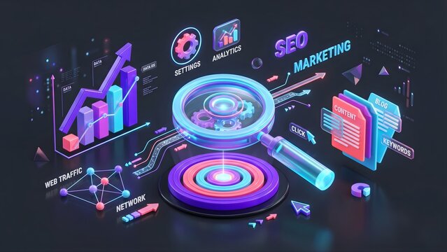 3D illustration of digital marketing strategy, SEO growth concept with magnifying glass and data graphs