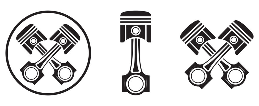 Piston engine icon set, black and white mechanical engine silhouettes, automotive engineering symbols