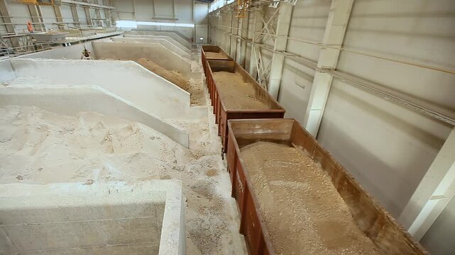 Unloading of railway wagons and storage of bulk materials in a warehouse. Sorting, loading and storage of bulk materials in a closed industrial warehouse.