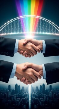 Business Handshake with Rainbow Bridge Over Cityscape Showing