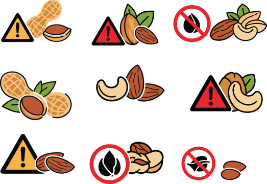 Nut Allergy Warning Icon Set with Peanut and Tree Nut Prohibited Symbols, Caution Signs, and Allergen Information for Food Packaging and Restaurant Menus