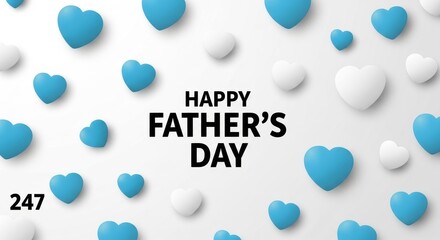Fototapeta premium Happy fathers day greeting card design with many blue hearts pattern and bold black text on a light background