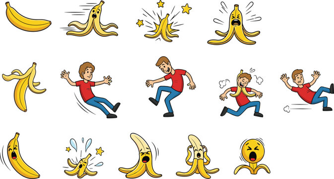 Funny Banana Peel Slip and Fall Vector Icon Set Featuring Cartoon Characters, Peel Emoticons, and Accidental Trip Hazards for Humorous Content and Warning Signs