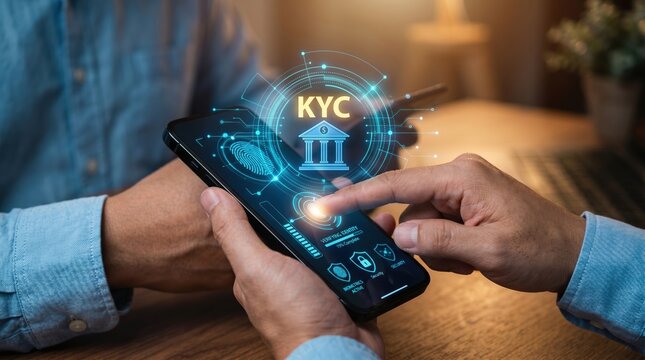 Kyc identity verification process on a smartphone screen with glowing icons know your customer online verification mobile verification digital verification authentication process personal inform