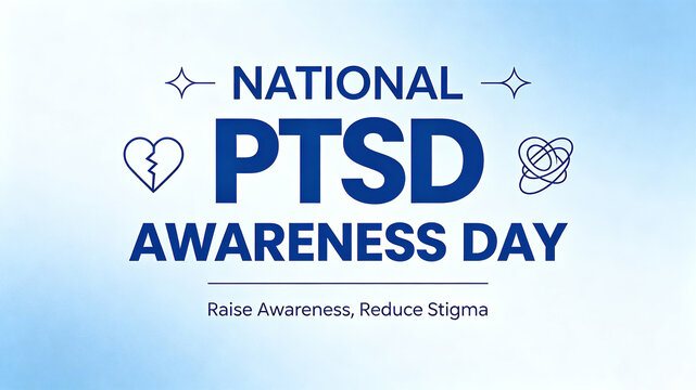 Broken hearts and tangled symbols represent the theme of National PTSD Awareness Day calling for increased awareness and reduced stigma.
