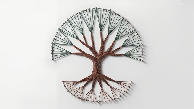 String Tree Artwork: An abstract depiction of a tree meticulously crafted from interwoven strings, elegantly displayed against a clean, uncluttered canvas. 