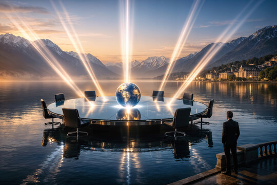 G7 summit concept floating circular glass table on alpine lake with glowing Earth sphere and seven light beams symbolizing international diplomacy and global governance priorities