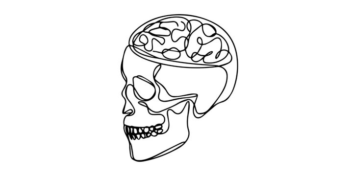 Human skull and brain one line set art. Continuous line drawing of internal organs, Continuous line drawing of a human skull with a detailed brain inside profile view Vector, illustration minimalist.