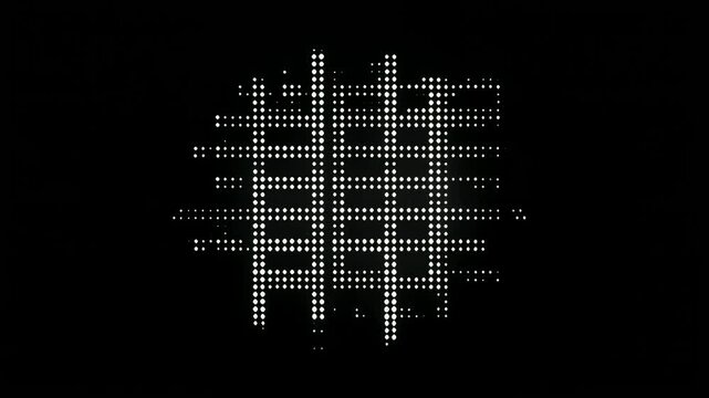 A white pixelated pattern resembling a grid or network on a solid black background with a minimalist digital aesthetic.