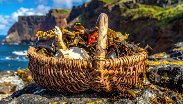 Wicker basket filled with freshly foraged wild sea vegetables including kelp and dulse placed on a rocky shoreline against a scenic coastal mountain backdrop.