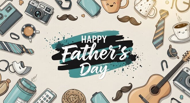 flat lay father's day celebration with vintage items and festive banner