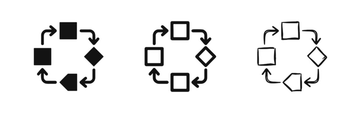 Business process cycle icon set with flowchart elements in solid, outline, and sketch styles