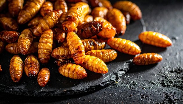 Roasted edible grubs with a crisp golden brown texture served on a dark slate tray for an exotic culinary presentation.