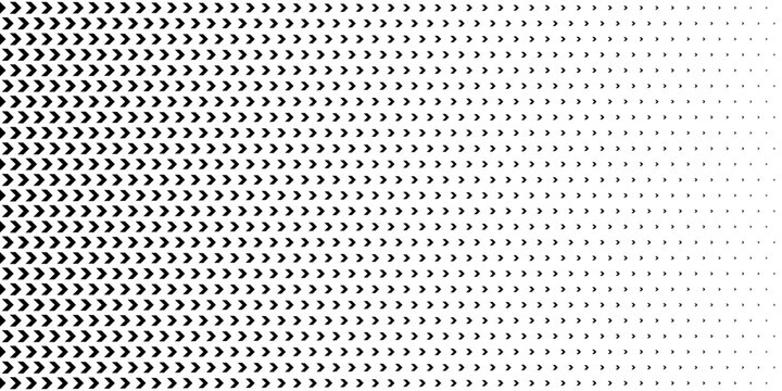 Horizontal arrow pattern with halftone texture. Geometric triangular design creates directional effect with contrasting black and white elements for modern backgrounds.