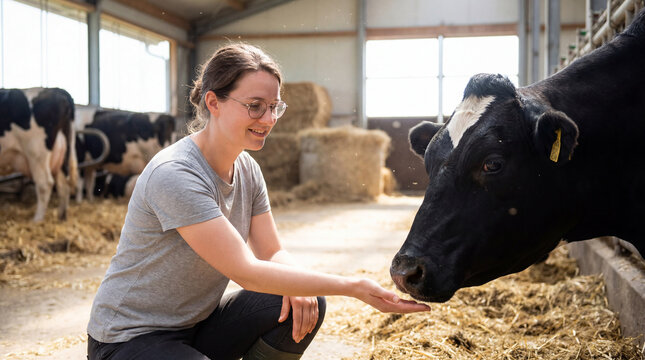 Woman squatting feeding a black and white cow inside a bright cowshed with hay