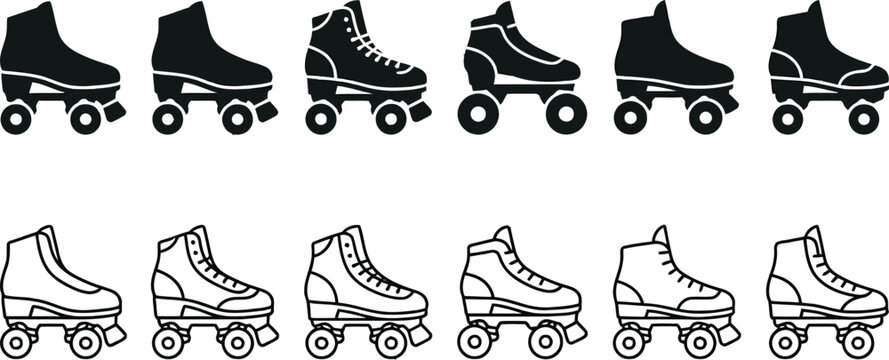 Roller skates icon pack, quad skates silhouette and linear vector