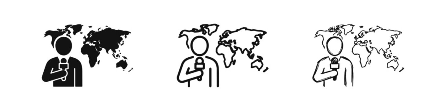 News reporter with microphone and world map icon set in three styles
