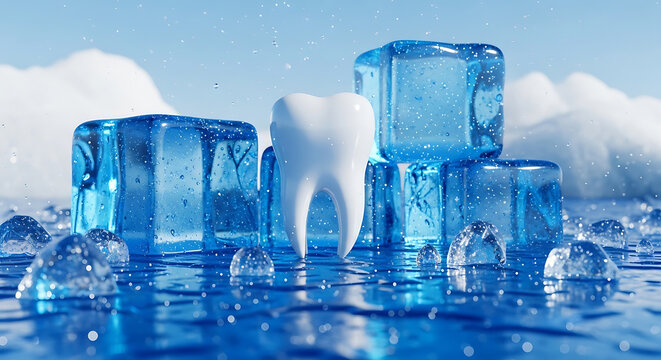Professional conceptual 3D render of a healthy white tooth among freezing blue ice cubes and water drops symbolizing dentin hypersensitivity and oral healthcare