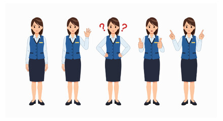 Obraz premium Five female characters in blue uniforms demonstrating various gestures including waving and pointing while standing on a plain white background.