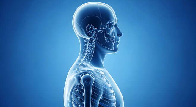 Human skeletal anatomy transparent profile view blue glow skeleton bone