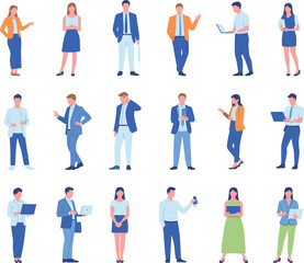 Obraz premium Large set of diverse business people silhouettes in flat vector style featuring professionals standing and working on laptops