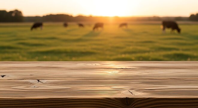 Empty wooden tabletop with blurred background of cows grazing on green pasture at sunset rustic farm background for product display and food placement advertisements