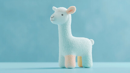 Fototapeta premium Small Blue and White Knitted Alpaca Toy Standing Centered Against a Solid Light Blue Background with Soft Studio Lighting and Clean Shadows