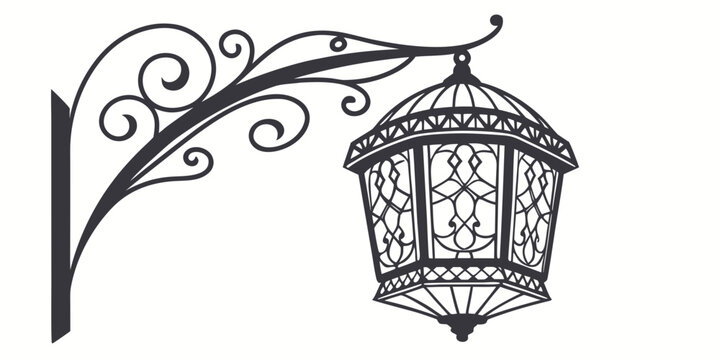 Classic decorative wall mounted outdoor lantern with wrought iron scroll bracket lighting decorative scrollwork silhouette background illustration exterior architectural ornament historic