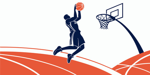 Basketball player silhouette jumping for a slam dunk near the hoop on a court with basketball silhouette competition training exercise professional tournament champion strength performance © Ruhi