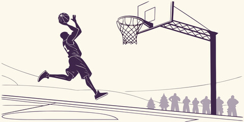 Basketball player jumping for a slam dunk illustration with basketball silhouette competition professional training exercise tournament illustration creative background performance physical © Ruhi