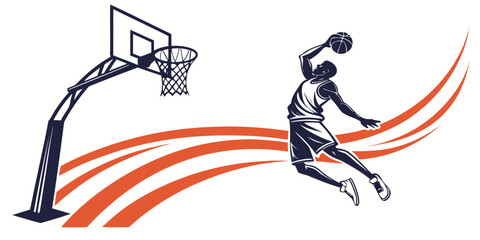 Professional basketball athlete dunking into the hoop design with basketball silhouette competition training exercise tournament illustration creative performance physical champion strength © Ruhi