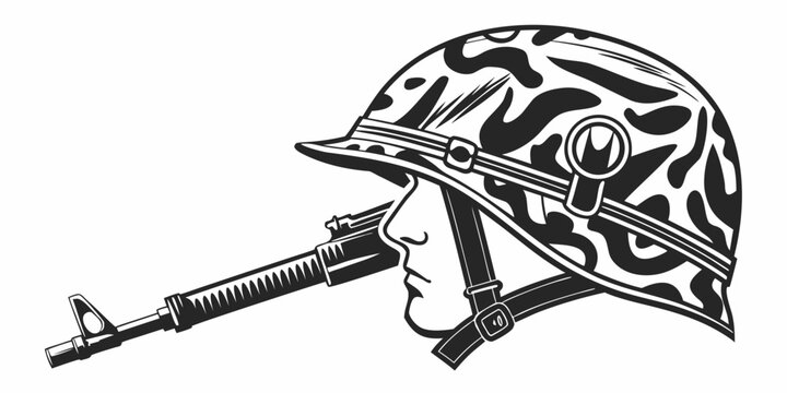 Soldier profile wearing camouflage combat helmet illustration with camouflage military tactical protection headgear militarygear armygear security training manpower illustration isolated