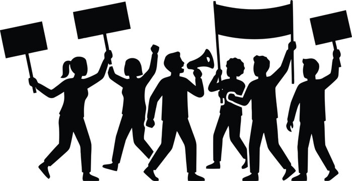 Protesting volunteers glyph icon, activists silhouette with placards and megaphones