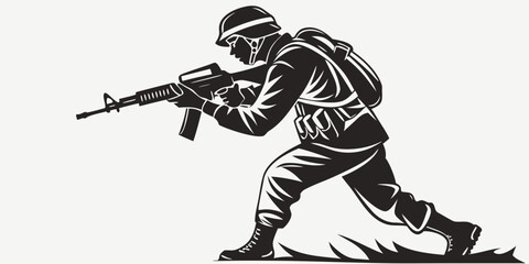 Silhouette illustration of a soldier in combat gear holding a rifle with military infantry tactical camouflage fighting equipment illustration silhouette minimalist protection security © Ruhi