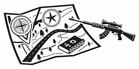 Black and white graphic of a sniper rifle pointing at a map with military icons tactical military strategy planning navigation geography scouting operations silhouette isolated illustration © Ruhi