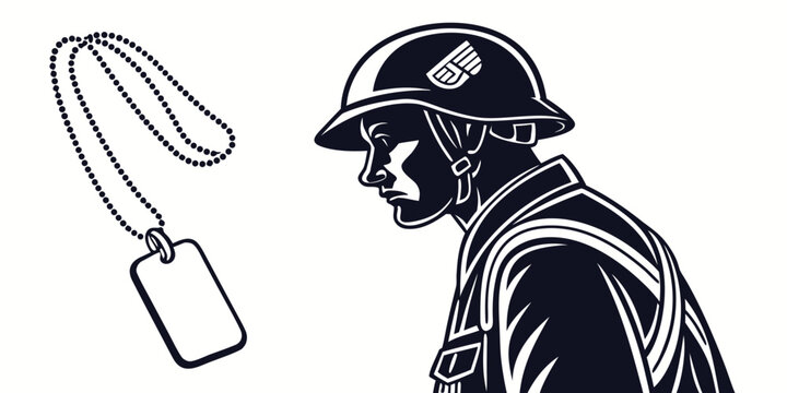 Graphic illustration of a soldier in a helmet looking at an id dog tag with military service soldier profile military silhouette identification reflection patriotism sacrifice memorial