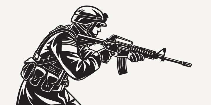 Silhouette graphic of a soldier aiming a rifle in combat with ready to fire military action military tactical infantry silhouette illustration defender patriotism protection strength