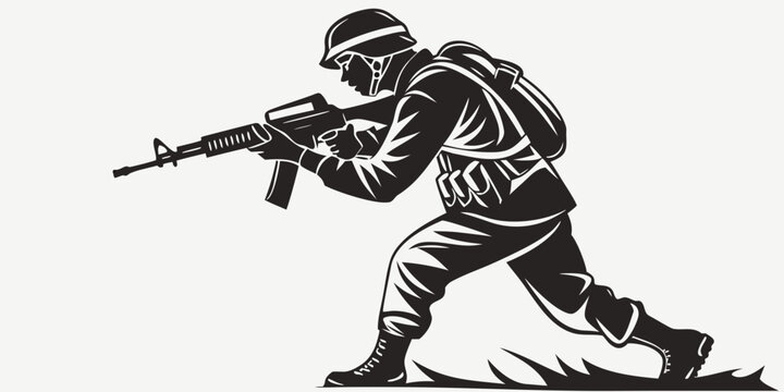 Silhouette illustration of a soldier in combat gear holding a rifle with military infantry tactical camouflage fighting equipment illustration silhouette minimalist protection security