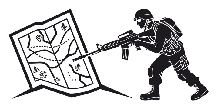 Silhouette illustration of a soldier aiming a rifle at a tactical military map with military tactical strategy combatant planning operation security training position silhouette isolated
