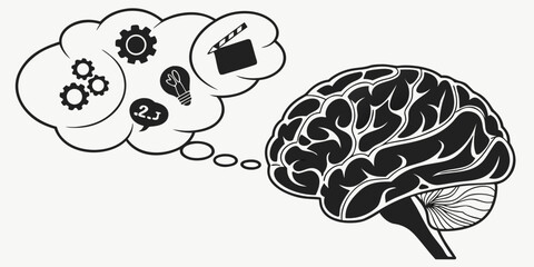Human brain thinking about creative production and planning with thinking clapperboard cognition knowledge intelligence illustration creativity production reasoning innovation brainstorming © Ruhi
