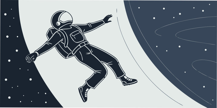Astronaut floating near large planet ring orbit line art style illustration with zero gravity outer space science fiction astronaut floating cosmonaut universe spaceman minimalist astronomy